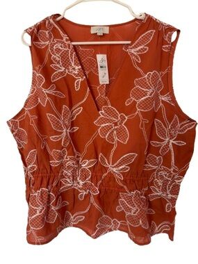 NWT LOFT Women’s Rust Orange Floral V-Neck Blouse Peplum Empire Waist XL